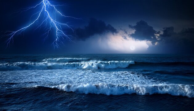 dark ocean storm with lgihting and waves at night