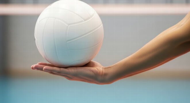 A person's arm and hand are positioned to serve a volleyball, showcasing the preparation for the underhand technique on a court, AI generated