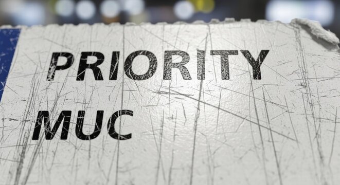 A scratched cardboard texture with the words Priority MUC prominently displayed, AI generated