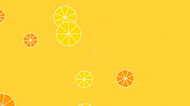 Bright summer pattern featuring fresh yellow lemon slices and orange citrus fruit pieces scattered on a vibrant yellow background for food and drink design projects