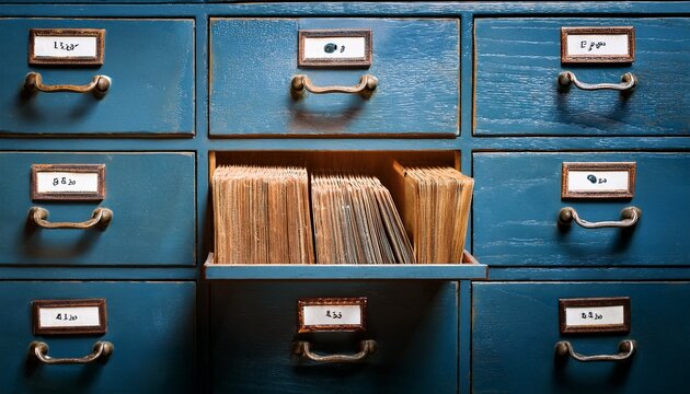 old library or archive reference catalogue with opened card drawer