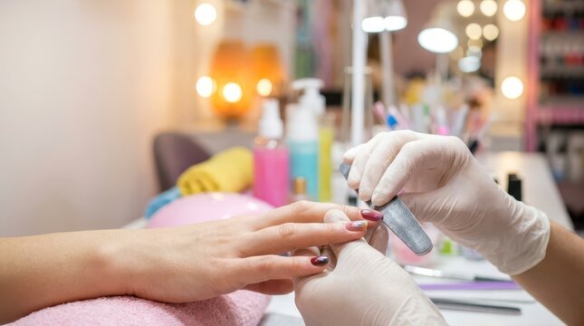 Closeup of Professional Manicure Process with Nail Care and Artistry in a Bright Salon Environment