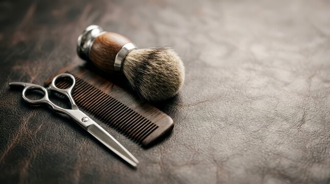 Barber Tools Including Scissors Comb and Shaving Brush Arranged on Stylish Leather Texture Surface