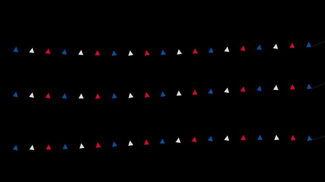 Red white and blue triangle bunting flags hanging on a string for a patriotic celebration party decoration isolated on a dark background