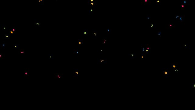 Colorful confetti stars falling down against a dark black background for a festive celebration and party atmosphere