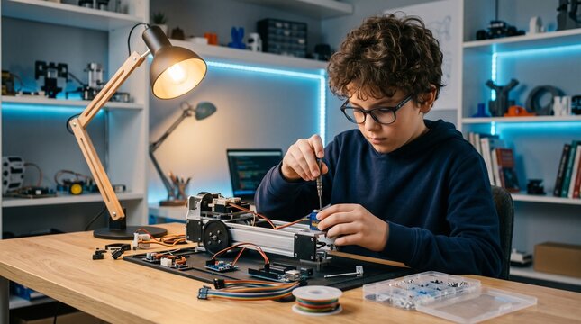 Young engineer assembling robotics kit in modern home laboratory with warm lighting for stem education marketing