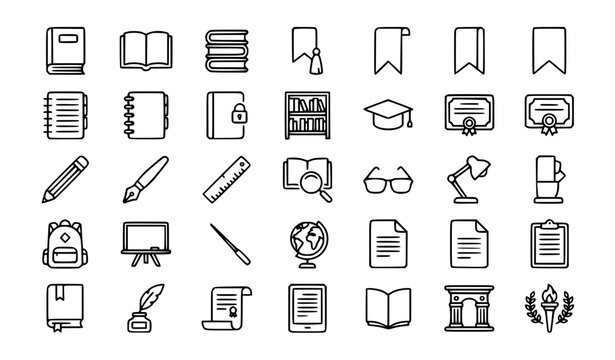 Premium book, reading, education, library, stationery and study line icons set