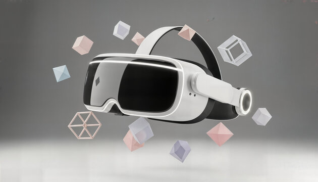 White virtual reality headset floating among colorful geometric cubes represents future immersive technology and digital gaming experiences in three dimensions.