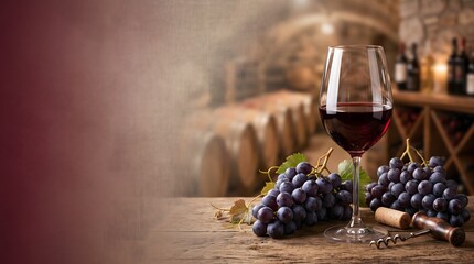 Naklejka premium National Red Wine Day Wine Glass and Grapes Banner with Copy Space