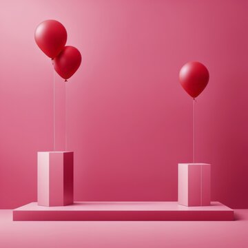 Red balloons floating above tall pink pillars against a pink background in a modern, minimalistic design, AI generated