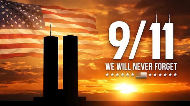 September 11th memorial with twin towers silhouette and American flag at sunset with orange sky and the words we will never forget for patriot day remembrance.