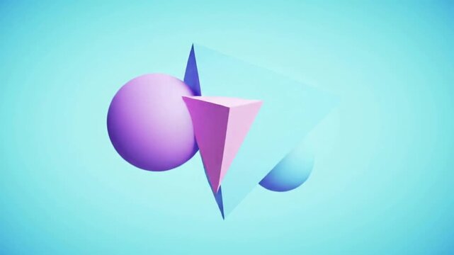 3D abstract composition with geometric shapes like spheres and pyramids in soft pastel colors against a light blue background