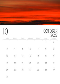 October 2027 English Calendar with Dramatic Red Sunset