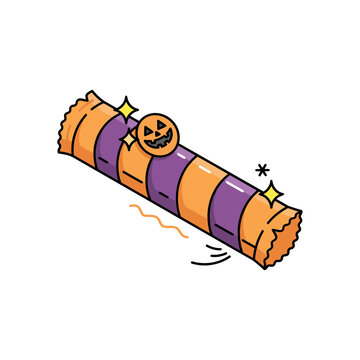 Halloween candy bar wrapped in orange and purple striped paper with pumpkin face for trick or treat party sweets