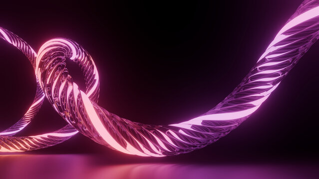 Neon ribbon rope spiral glow abstract twisted loop on dark background with pink light reflection and smooth curve