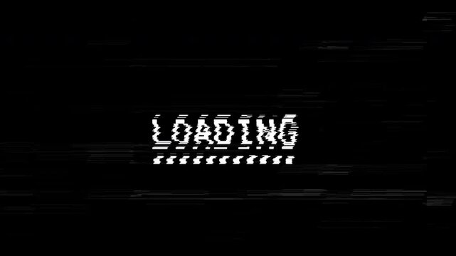 Digital glitch loading screen with white text on black background
