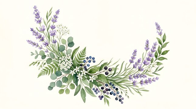 Elegant Watercolor Eucalyptus and Lavender Corner Border on White Background