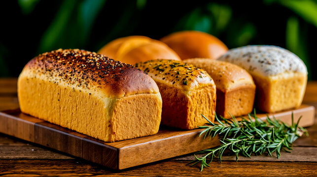 A wooden board with four loaves of bread each with a different topping arranged in a row