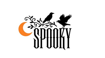 Naklejka premium Vintage halloween design featuring black crows perched on a branch with a crescent moon and spooky text
