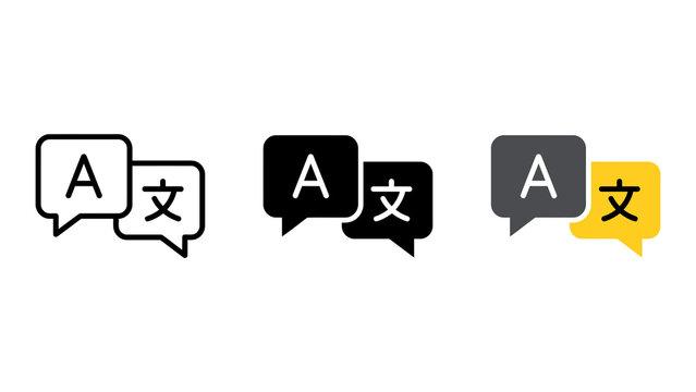 Set of three language translation icons with speech bubbles and text characters isolated on transparent background