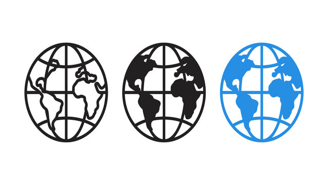 Set of globe or world map icons in outline, solid black, and blue styles isolated on transparent background