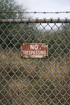 A worn out no entry sign attached to a chain link fence with rust visible