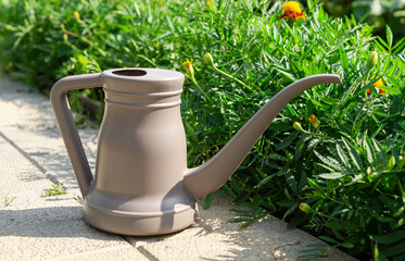 Watering can in a summer garden with flowering plants and a garden path, representing gardening, plant care, outdoor work and sustainable home gardening. © marinasokolchik