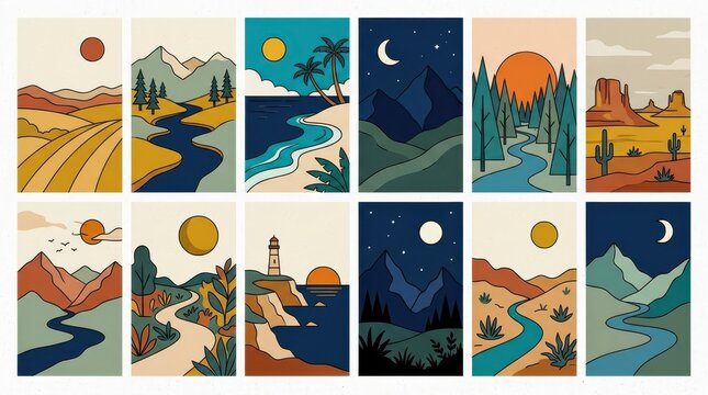 Set of Minimalist Nature Landscape Illustrations Featuring Mountains, Deserts, Forests, and Coastal Scenes in Flat Vector Style