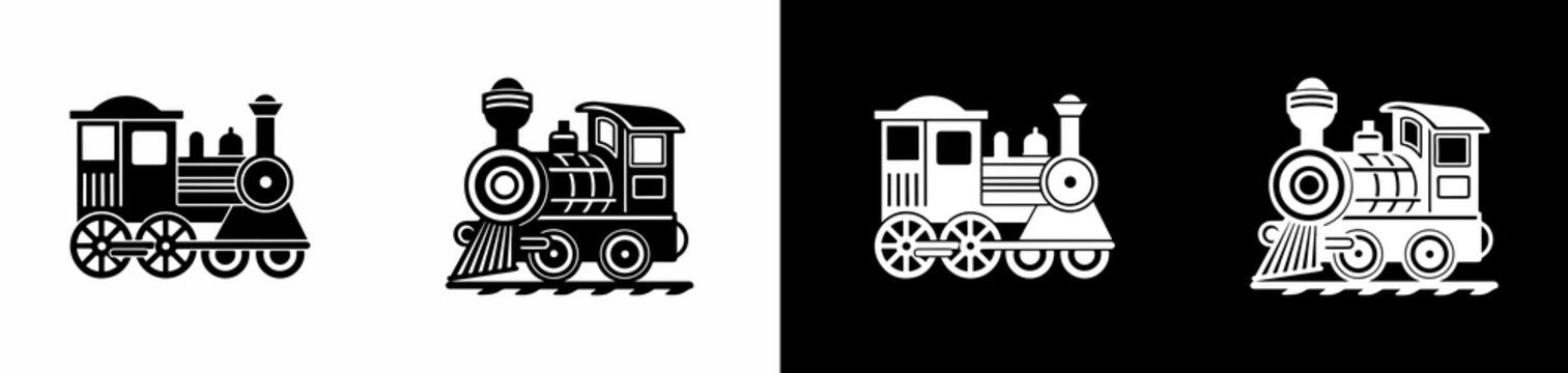 Vintagestyle steam locomotive train icons in black and white versions isolated on transparent background