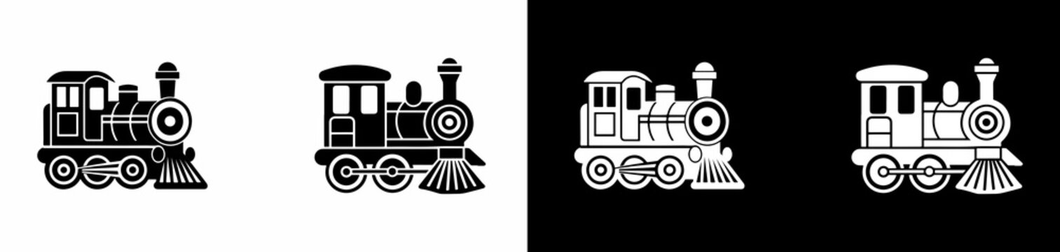 Vintagestyle steam locomotive train icons in white and black contrasting designs isolated on transparent background