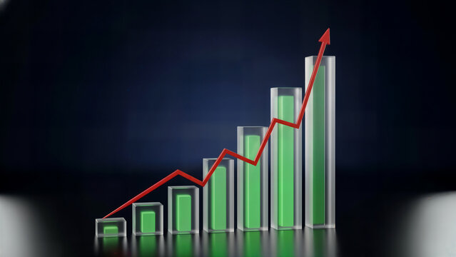 3d bar graph with green bars and rising red arrow indicating financial growth and positive economic trends for investment and business analysis.