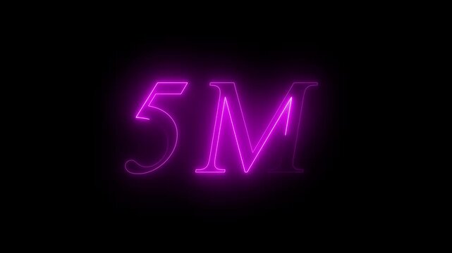Glowing Purple Neon 5M Text Animation for 5 Million Followers, Subscribers, Views, Milestone Celebration, Social Media Achievement, Financial Growth, and Business Success Isolated on Black Background
