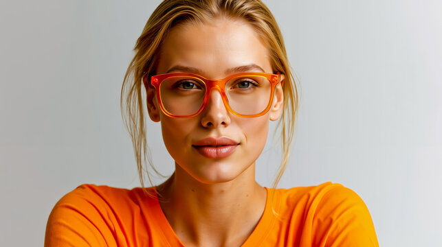 A woman wearing orange glasses and an orange shirt