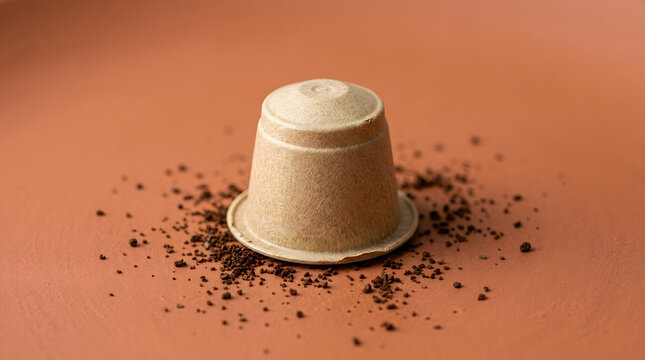 Compostable coffee capsule made from sustainable fiber sits elegantly on terracotta surface surrounded by scattered fresh brown roasted coffee grounds