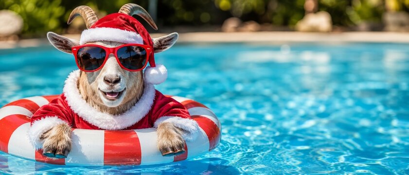 Playful goat wearing santa hat and sunglasses, floating in a swimming pool with a colorful inflatable ring, perfect for a funny christmas holiday theme or summer vacation. Fire Goat 2027