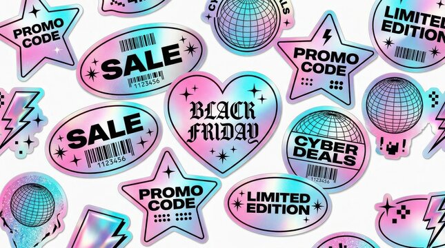 Holographic Y2K Style Sale Stickers Set with Black Friday, Cyber Deals, and Promo Code Labels on White Background