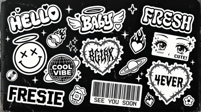 Y2K Aesthetic Sticker Pack with Graffiti Style Icons and Text Elements in Black and White Grunge Design