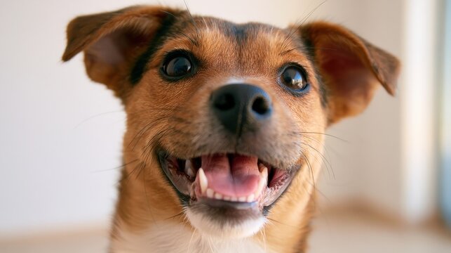 Happy dog smiles with open mouth and bright eyes