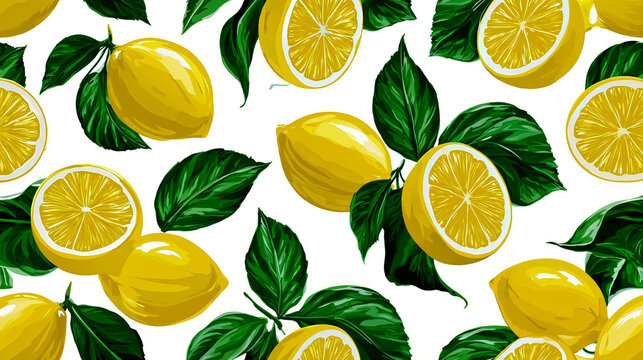 A digital illustration featuring a repeating pattern of lemons and green leaves on a white background