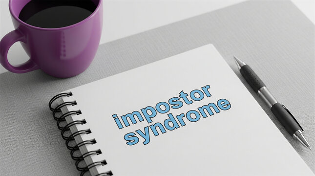 Notebook displaying impostor syndrome text lies on a desk next to a coffee mug and pen.