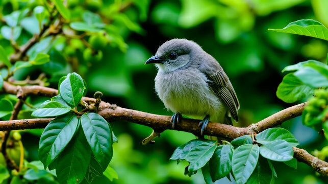 A small gray bird perched on a branch with green leaves