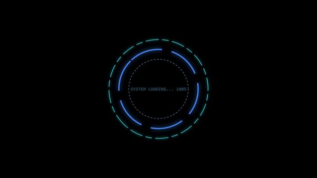 Futuristic circular loading interface with digital technology elements and glowing data indicators