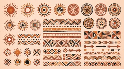 Fototapeta premium Hand Drawn Ethnic Tribal Pattern Elements Set with Sun Symbols and Geometric Borders in Earthy Tones