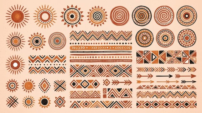 Hand Drawn Ethnic Tribal Pattern Elements Set with Sun Symbols and Geometric Borders in Earthy Tones