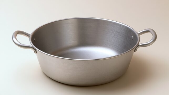 Silver pot rests on plain surface