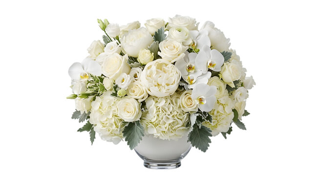 An exquisite arrangement of white flowers including roses orchids and carnations isolated on transparent background