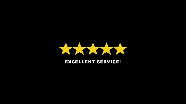 Five yellow stars rating with excellent service text on black background for customer satisfaction