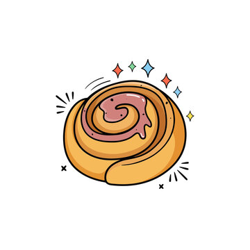 Sweet cinnamon roll with pink glaze for bakery menu and breakfast food concept isolated on a clean white background
