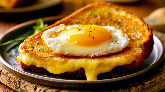 A close-up of a breakfast sandwich with a fried egg and melted cheese on toast served on a metal plate