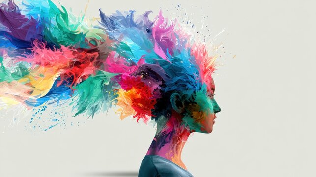 Vibrant paint bursts from a woman's head
